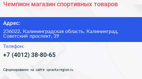 Чемпион магазин спортивных товаров - визитка