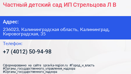 Частный детский сад ИП Стрельцова Л В  - визитка