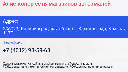 Алис колор сеть магазинов автоэмалей - визитка