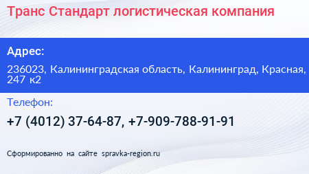 Транс Стандарт логистическая компания - визитка
