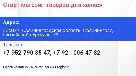 Старт магазин товаров для хоккея - визитка