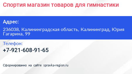 Спортия магазин товаров для гимнастики - визитка