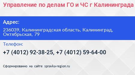 Управление по делам ГО и ЧС г Калининграда - визитка