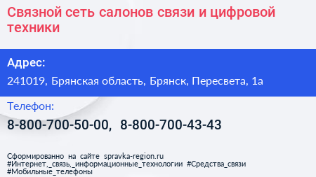 Связной сеть салонов связи и цифровой техники - визитка
