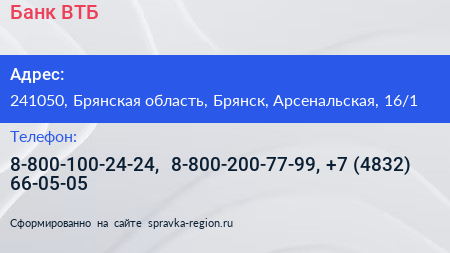 Банк ВТБ - визитка