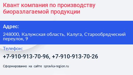 Квант компания по производству биоразлагаемой продукции - визитка
