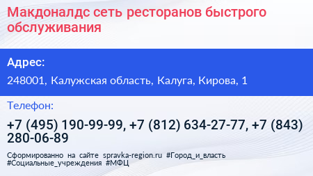 Макдоналдс сеть ресторанов быстрого обслуживания - визитка