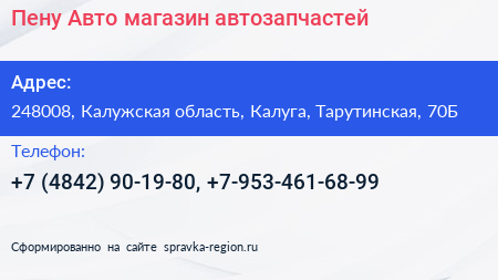 Пену Авто магазин автозапчастей - визитка