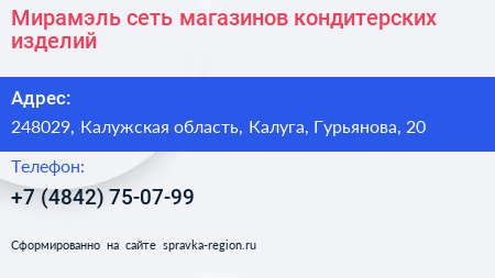 Мирамэль сеть магазинов кондитерских изделий - визитка