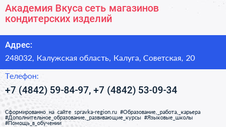Академия Вкуса сеть магазинов кондитерских изделий - визитка