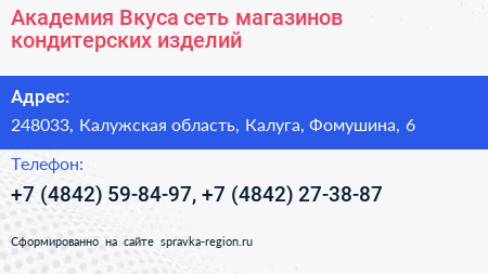 Академия Вкуса сеть магазинов кондитерских изделий - визитка