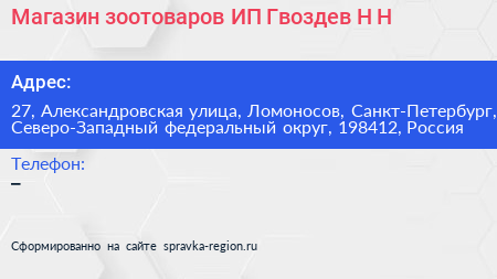 Магазин зоотоваров ИП Гвоздев Н Н  - визитка