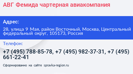 АВГ Фемида чартерная авиакомпания - визитка