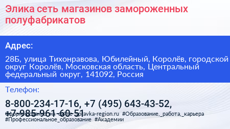 Элика сеть магазинов замороженных полуфабрикатов - визитка