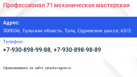 Профессионал 71 механическая мастерская - визитка