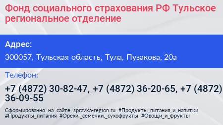 Фонд социального страхования РФ Тульское региональное отделение - визитка