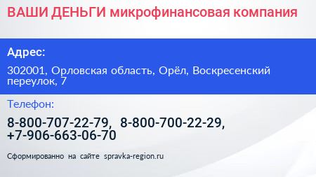 ВАШИ ДЕНЬГИ микрофинансовая компания - визитка