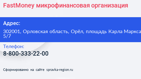 FastMoney микрофинансовая организация - визитка