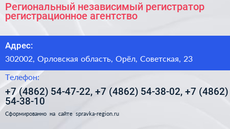 Региональный независимый регистратор регистрационное агентство - визитка