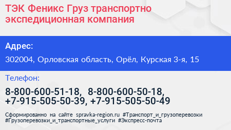 ТЭК Феникс Груз транспортно экспедиционная компания - визитка