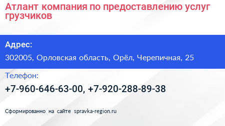 Атлант компания по предоставлению услуг грузчиков - визитка
