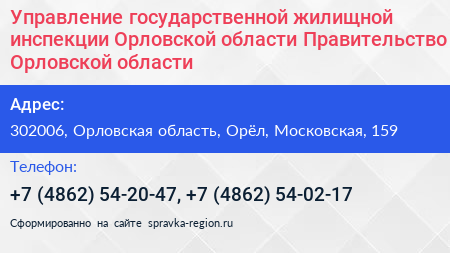 Управление государственной жилищной инспекции Орловской области Правительство Орловской области - визитка