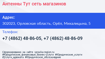 Антенны Тут сеть магазинов - визитка