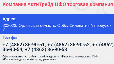 Компания АктиТрейд ЦФО торговая компания - визитка