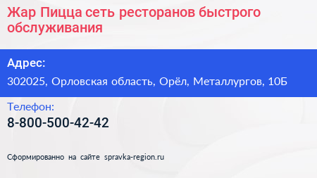 Жар Пицца сеть ресторанов быстрого обслуживания - визитка