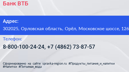 Банк ВТБ - визитка