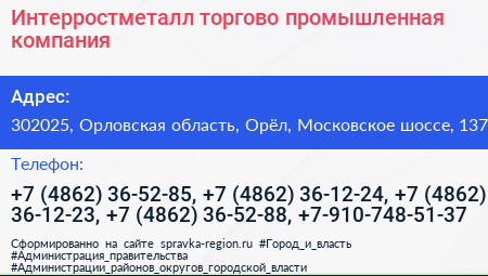 Интерростметалл торгово промышленная компания - визитка