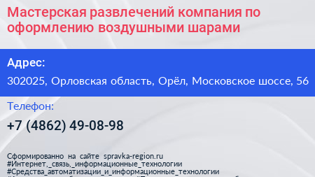 Мастерская развлечений компания по оформлению воздушными шарами - визитка
