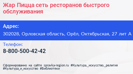 Жар Пицца сеть ресторанов быстрого обслуживания - визитка