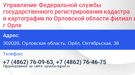 Управление Федеральной службы государственного регистрирования кадастра и картографии по Орловской области филиал в г Орле - визитка