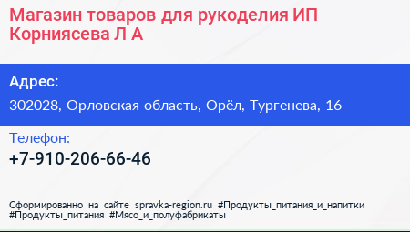 Магазин товаров для рукоделия ИП Корниясева Л А  - визитка