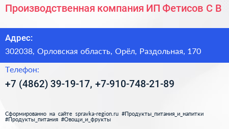 Производственная компания ИП Фетисов С В  - визитка