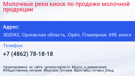 Молочные реки киоск по продаже молочной продукции - визитка