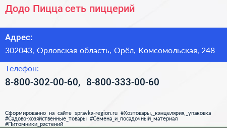 Додо Пицца сеть пиццерий - визитка