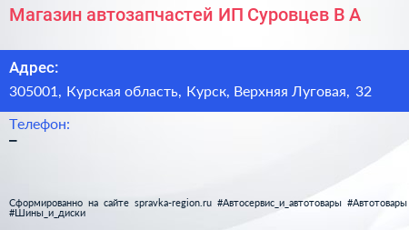 Магазин автозапчастей ИП Суровцев В А  - визитка