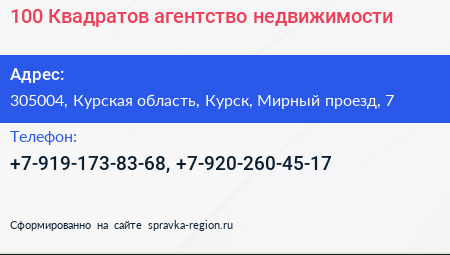 100 Квадратов агентство недвижимости - визитка