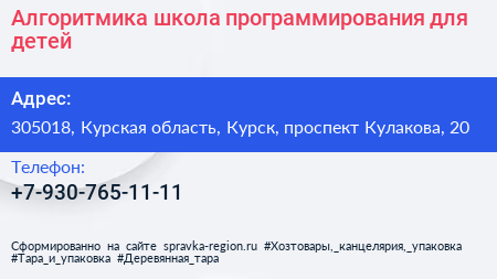 Алгоритмика школа программирования для детей - визитка