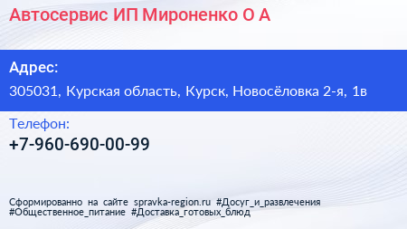 Автосервис ИП Мироненко О А  - визитка