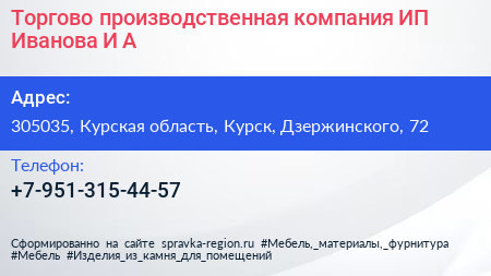 Торгово производственная компания ИП Иванова И А  - визитка