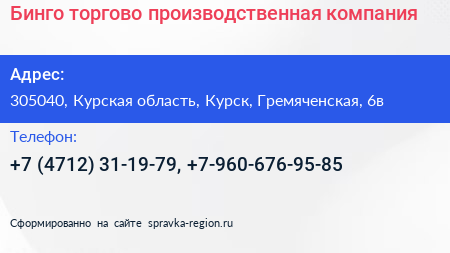 Бинго торгово производственная компания - визитка