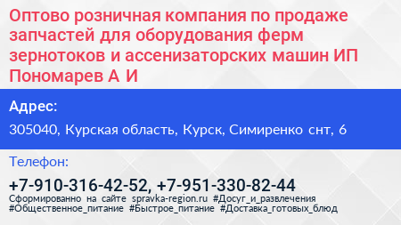 Оптово розничная компания по продаже запчастей для оборудования ферм зернотоков и ассенизаторских машин ИП Пономарев А И  - визитка