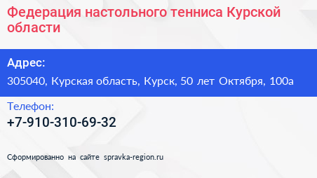 Федерация настольного тенниса Курской области - визитка