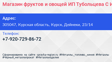Магазин фруктов и овощей ИП Тубольцева С И  - визитка