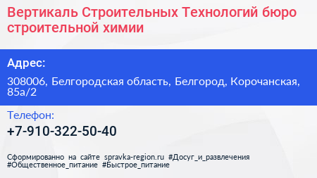 Вертикаль Строительных Технологий бюро строительной химии - визитка