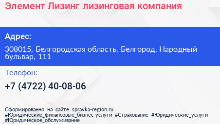 Элемент Лизинг лизинговая компания - визитка
