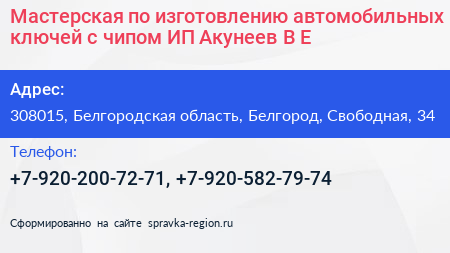 Мастерская по изготовлению автомобильных ключей с чипом ИП Акунеев В Е  - визитка